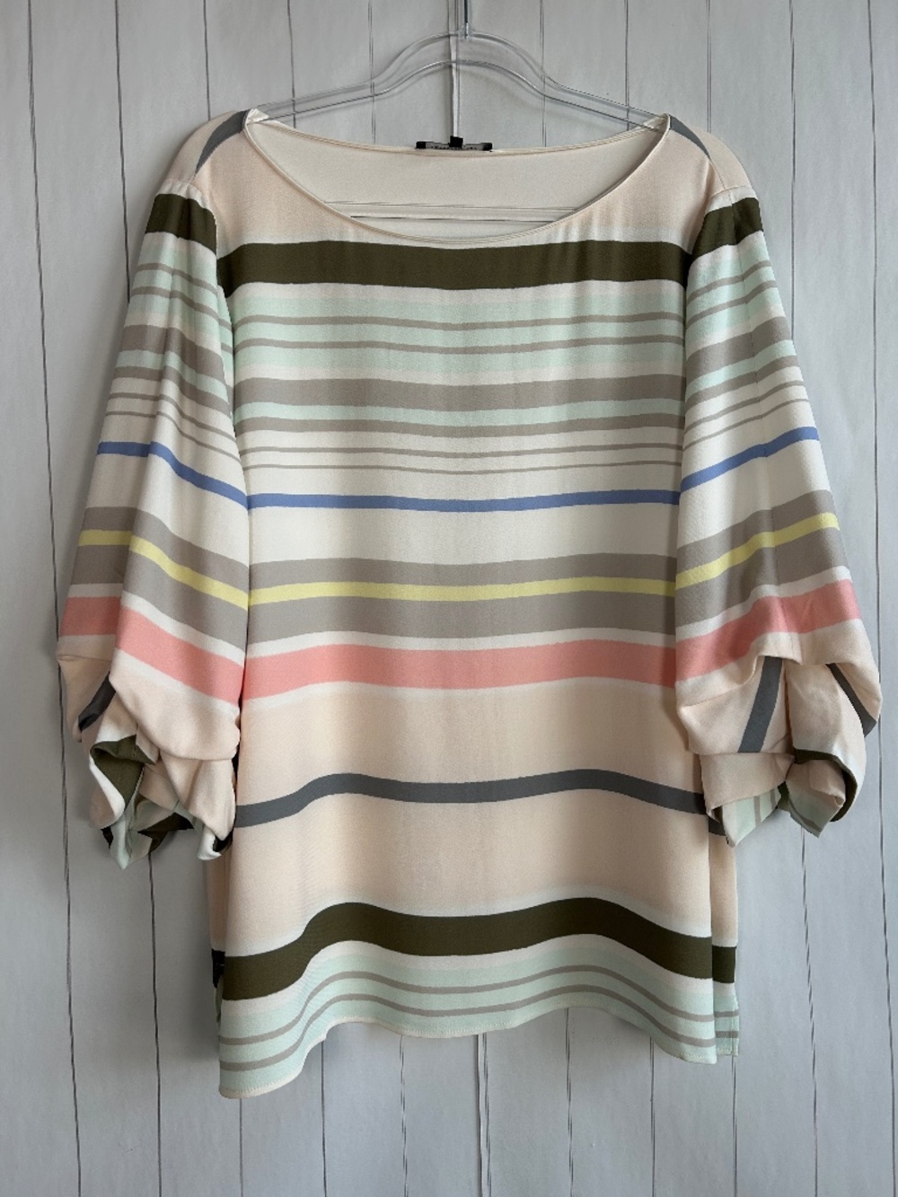 Lafayette 148 size XL blouse top white colorful stripe ruched 3/4 sleeve viscose